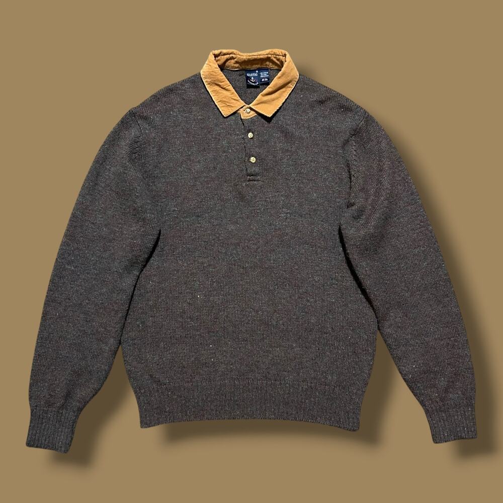 Vintage Wool Sweater Polo Shirt Long Sleeve 80s 90s Mens Medium Brown